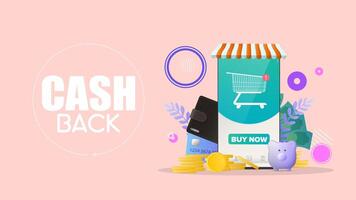 Cashback banner. Phone with online store application. Buy button. Cart, new order. Bank card, piggy bank, gold coins, wallet. Online shopping and payment concept. Vector. vector