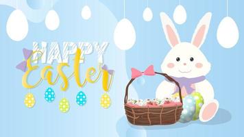 Happy easter blue banner. White rabbit with colored easter eggs. Vector illustration.