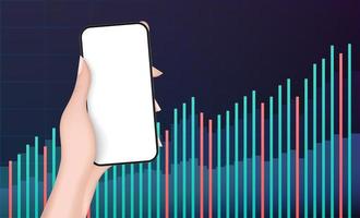 A hand holds a phone with a white screen on the background of financial charts. The concept of analytics, business or trading on the financial exchange. Vector. vector