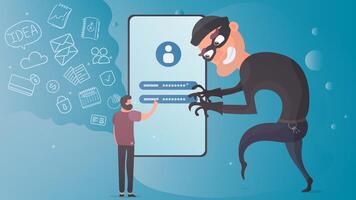 A thief steals user data. The bandit robs the password and data for the phone. Hacking concept Hacking smartphone user database. Insecure connection, online fraud, email viruses, isometric flat vector