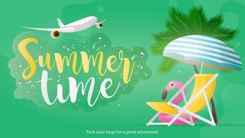 Summer time banner. Green background on a summer theme. Deck chair and sun umbrella with yellow stripes isolated on white background. Palm trees and pink flamingo swimming circle. Vector