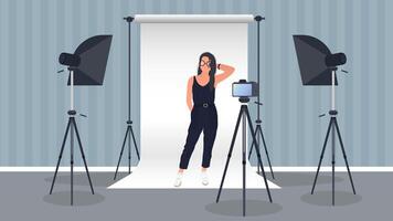 Photo Studio Vector. Girl posing to the camera. White canvas background on tripods. Camera on a tripod, softbox. Professional photo studio. vector