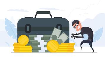 The robber steals money. The criminal steals gold coins. Robbery and finance security concept. Flat style, vector. vector