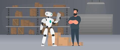 The robot stands with cardboard boxes near the conveyor line. Conveyor system in flat design. . vector