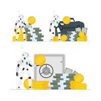 The robot is holding money. Robot assistant with a gold coin in his hands. A mountain of money. Dollars, bundles of money, gold coins. Isolated. Vector. vector