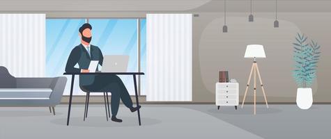 A guy with glasses sits at a table in his office. A man works on a laptop. Office, bookshelf, business man, floor lamp. Office work concept. Vector. vector