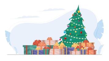 New Year banner with Christmas tree and gifts. Green coniferous tree. Gifts under the tree. Vector. vector