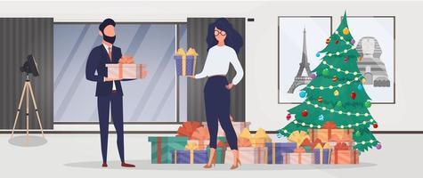 The girl and the guy are holding gifts in their hands. Woman and man with gifts in their hands. Holiday concept. Vector. vector