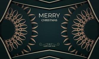 Postcard template Merry Christmas and Happy New Year in dark green color with winter yellow pattern vector