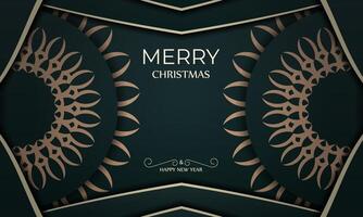 Postcard template Merry Christmas and Happy New Year in dark green color with winter yellow pattern vector