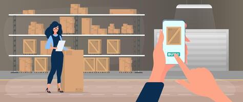 Ordering a package via phone. Online ordering goods from stock. Large warehouse with drawers. Rack with drawers and boxes. Carton boxes. Vector. vector