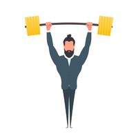 Businessman raises the barbell with gold coins. A man in a suit with a barbell. The concept of a successful business and revenue growth. Isolated. Vector. vector