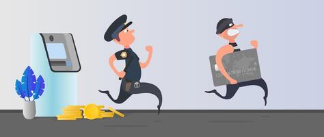 A policeman runs after a thief. The robber steals a bank card and runs away. ATM, gold coins. Fraud concept. Cartoon style. Vector. vector