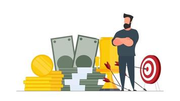 The businessman hits the target. Hit the center of the target with an arrow. Businessman with a mountain of money. Business concept of motivation and achievement. Isolated. Vector. vector