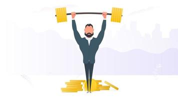 A man in a suit with a barbell set. A businessman stands with a mountain of coins and raises the barbell. The concept of a successful business and revenue growth. Vector. vector