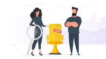 The girl shows in an empty space. Gold office chair. Open work concept. Suitable for registration on the topic of job search and workers. Vector. vector