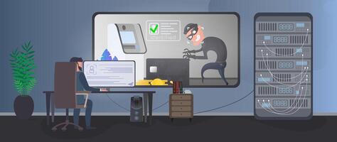 A security guard is watching a burglar in a security room. Identification of a thief. A thief steals a bank card near an ATM. Safety concept. . vector