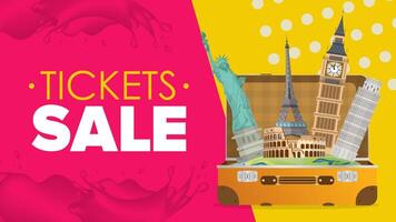 Travel banner. Ticket sale. Vector design template with travel elements and world famous landmarks and tourist destinations in a colorful background. Vector illustration