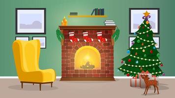 Año nuevo. una habitación con chimenea, árbol de navidad y regalos. vector. vector