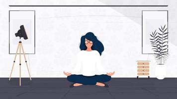 la niña está meditando en la habitación. mujer practica yoga en la oficina. concepto de deporte y estilo de vida saludable. vector. vector