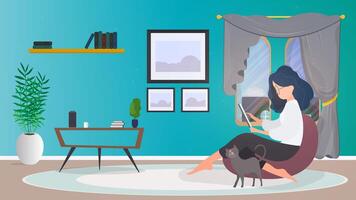 Work from home banner. The girl sits on an ottoman and works at the tablet. A woman with a tablet is sitting on a large pouf. Comfortable work at home concept. . vector