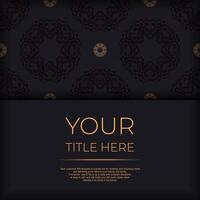 Black luxury postcard design with gold vintage mandala ornament. Can be used as background and wallpaper. Elegant and classic vector elements are great for decoration.