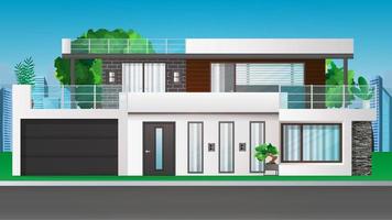 Modern house, cottage, cottage, town house with shadows on the background of the city. Architectural visualization of the cottage outside. Realistic vector illustration.