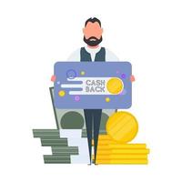 A man holds a banner with the inscription cashback. The guy with the table. The concept of saving money and cashback. Isolated. Vector. vector