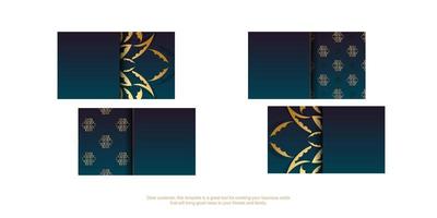 Gradient blue business card with vintage gold ornaments for your contacts. vector