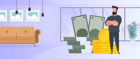 Businessman and a mountain of money. A man stands near gold coins and large dollar bills. A bundle of money. The concept of a successful business, earnings and wealth. . vector