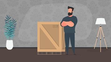 A man stands with a large wooden box. Large pallet. Delivery and transportation concept. . vector