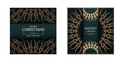 Festive flyer merry christmas and happy new year dark green color with luxury yellow ornament vector