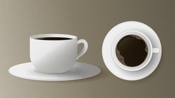 Realistic cup with coffee set. Vector. White cup on a saucer side and top view. Espresso isolated on a white background. vector