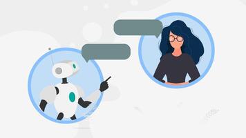 Chatbot banner. A robot in dialogue with a girl. Suitable for apps, sites and topics related to automatic replies and artificial intelligence. Vector. vector