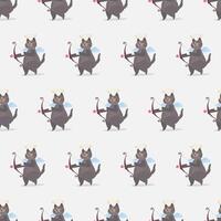 Seamless pattern Funny gray cat in the image of a cupid. A cat with a serious look. Vector illustration