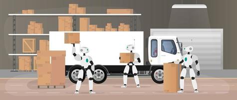 Robots work in a manufacturing warehouse. Robots carry boxes and lift the load. Futuristic concept of delivery, transportation and loading of goods. Large warehouse with boxes and pallets. Vector. vector