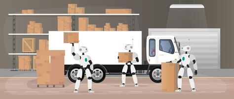 A group of robots are standing in front of a truck vector
