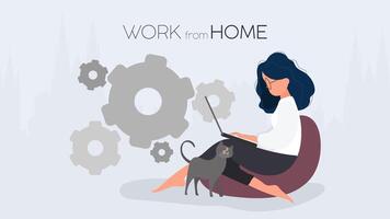 Work from home banner. The girl sits on an ottoman and works at a laptop. A woman with a laptop sits on a large pouf. Comfortable work at home concept. . vector