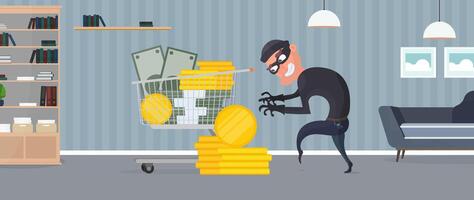 The robber steals money. The criminal steals gold coins. Robbery and finance security concept. Flat style, vector. vector