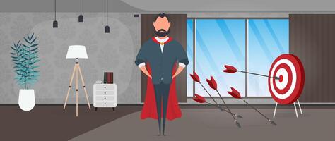 Businessman hits the target. Hit the center of the target with an arrow. Businessman with a red cloak. The concept of motivation and achievements in business. Vector. vector