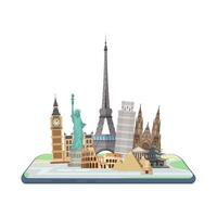 Map in the smartphone. World landmarks on the map. . vector