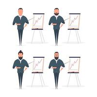 A man with a pointer points to a slide. The guy shows the report. Board for paper. Isolated. . vector
