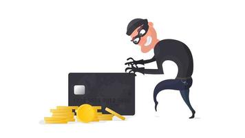 The robber steals a bank card. The thief is trying to steal a bank card. Good for the topic of security, robbery, scam and fraud. Isolated. Vector. vector