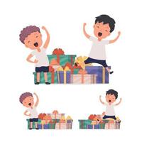 A happy child and a lot of gifts. Happy little boy and a bunch of gift boxes. Isolated. Vector. vector