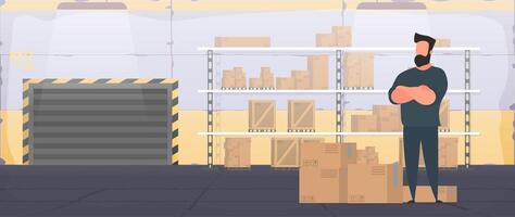 Large industrial warehouse with boxes. A man stands with a large wooden box. Large pallet. Delivery and transportation concept. . vector