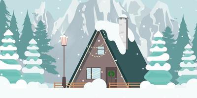 House in a snowy forest. Christmas trees, mountains, snow. Flat cartoon style. Vector illustration.