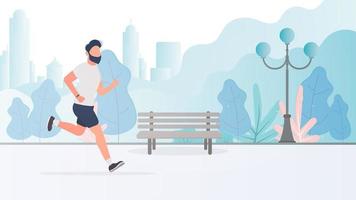 The guy runs through the park. Morning run. The concept of sport and healthy lifestyle. Vector. vector
