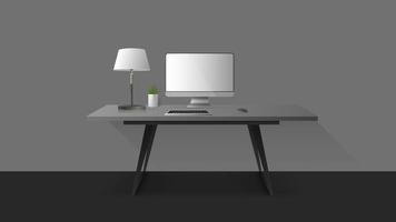 lugar de trabajo. monitor, teclado, mouse de computadora, lámpara de mesa, planta de interior. vector. vector