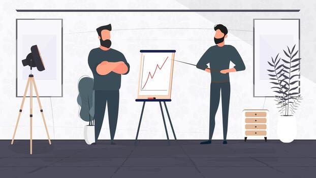 The guy shows a report to the boss. Presentation with positive dynamics. Board for paper. Infographics. Business growth. Vector. vector