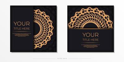 Dark black gold postcard template with white abstract ornament. Elegant and classic elements ready for print and typography. Vector illustration.